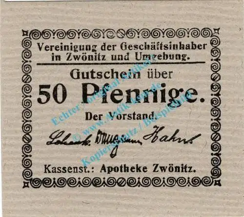 Zwönitz , 50 Pfennig Schein in kfr. Tieste 8310.10.03 , Sachsen o.D. Verkehrsausgabe