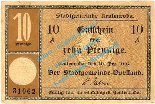 Zeulenroda , Notgeld 10 Pfennig Schein in L-gbr. Tieste 8210.05.01 , Thüringen 1916 Verkehrsausgabe