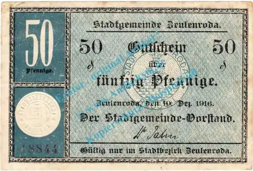 Zeulenroda , Notgeld 50 Pfennig Schein in gbr. Tieste 8210.05.02 , Thüringen 1916 Verkehrsausgabe