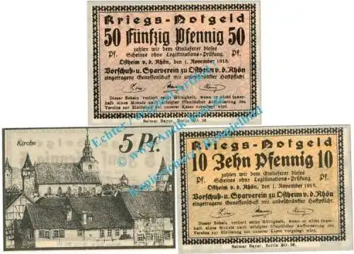 Ostheim , Notgeld Set mit 3 Scheinen Kirche in kfr. Tieste 5462.05.50-52 , Thüringen 1918 Verkehrsausgabe