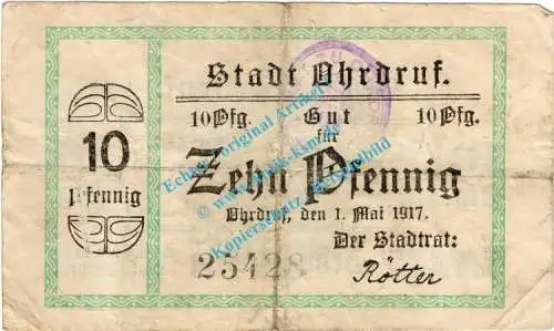 Ohrdruf , Notgeld 10 Pfennig Schein in gbr. Tieste 5350.05.01 , Thüringen 1917 Verkehrsausgabe