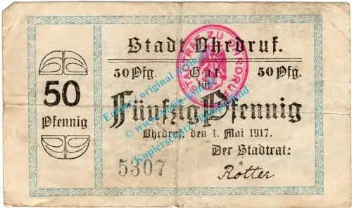 Ohrdruf , Notgeld 50 Pfennig Schein in gbr. Tieste 5350.05.12 , Thüringen 1917 Verkehrsausgabe