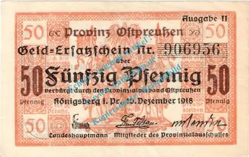 Königsberg , Notgeld 50 Pfennig Schein in gbr. Tieste 3595.20.15 , Ostpreussen 1918 Verkehrsausgabe