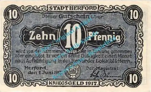 Herford , Notgeld 10 Pfennig Schein in kfr. Tieste 2945.05.16 Westfalen 1917 Verkehrsausgabe