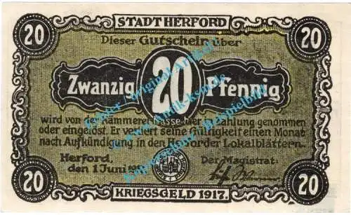 Herford , Notgeld 20 Pfennig Schein in kfr. Tieste 2945.05.17 Westfalen 1917 Verkehrsausgabe