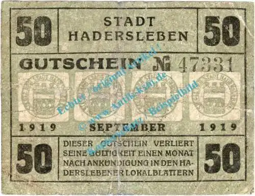 Hadersleben , Notgeld 50 Pfennig Schein in gbr. Tieste 2695.10.20 , Nordschleswig 1919 Verkehrsausgabe