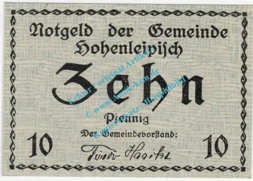 Hohenleipisch , Notgeld 10 Pfennig Schein in kfr. Tieste 3080.05.05 , Brandenburg o.D. Verkehrsausgabe