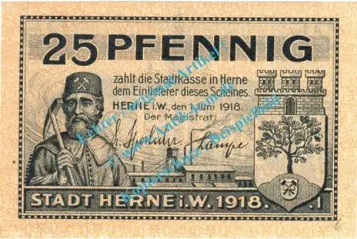 Herne , Notgeld 25 Pfennig Schein in kfr. Tieste 2960.10.21 , Westfalen 1918 Verkehrsausgabe