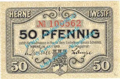 Herne , Notgeld 50 Pfennig Schein in kfr. Tieste 2960.10.26 , Westfalen 1919 Verkehrsausgabe