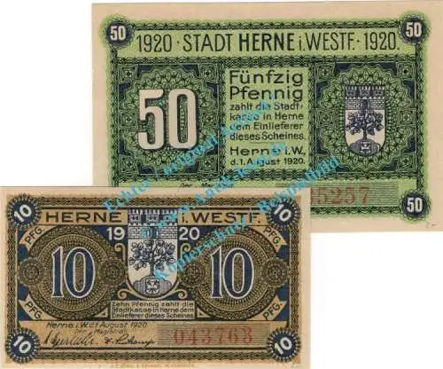 Herne , Notgeld Set mit 2 Scheinen in kfr. Tieste 2960.10.30-31 , Westfalen 1920 Verkehrsausgabe