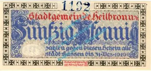 Heilbronn , Notgeld 50 Pfennig Schein in kfr. Tieste 2870.05.10 , Württemberg 1917 Verkehrsausgabe