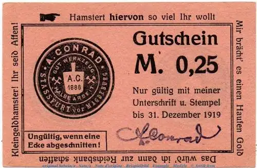 Notgeld A. Conrad Stassfurt 7085.05.10 , 25 Pfennig bräunlichrosa in kfr. o.D. Provinz Sachsen Verkehrsausgabe