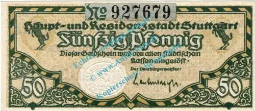 Stuttgart , Notgeld 50 Pfennig Schein in kfr. Tieste 7220.20.05 , Württemberg o.D. Verkehrsausgabe