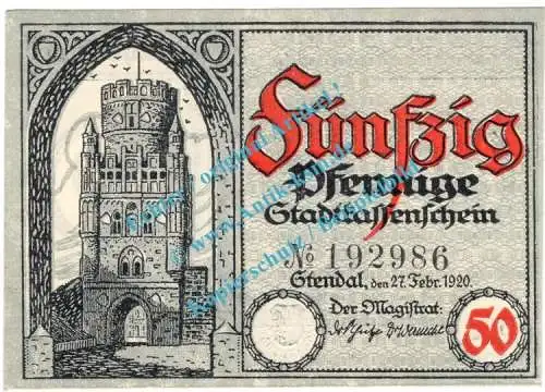 Stendal , Notgeld 50 Pfennig -Dick- in kfr. Tieste 7130.25.10 , Sachsen Anhalt 1920 Verkehrsausgabe