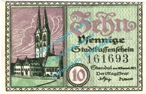 Stendal , Notgeld 10 Pfennig Schein in kfr. Tieste 7130.25.21 , Sachsen Anhalt 1920 Verkehrsausgabe