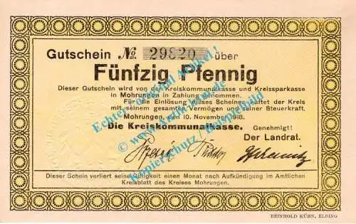 Mohrungen , Notgeld 50 Pfennig Schein in kfr. Tieste 4620.05.01 , Ostpreussen 1918 Verkehrsausgabe