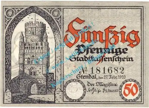 Stendal , Notgeld 50 Pfennig Schein in kfr. Tieste 7130.25.05 , Sachsen Anhalt 1920 Verkehrsausgabe