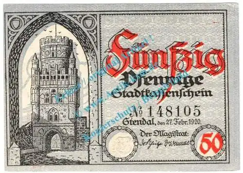 Stendal , Notgeld 50 Pfennig Schein in kfr. Tieste 7130.25.01 , Sachsen Anhalt 1920 Verkehrsausgabe