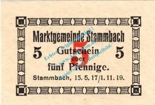 Stammbach , Notgeld 5 Pfennig Schein in kfr. Tieste 7070.05.50 , Bayern 1917 Verkehrsausgabe