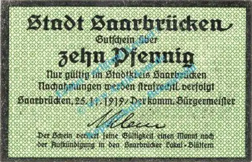 Saarbrücken , Notgeld 10 Pfennig Schein in kfr. Tieste 6335.10.10 , Rheinland 1919 Verkehrsausgabe
