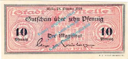 Melle , Notgeld 10 Pfennig Schein in kfr. Tieste 4475.05.20 , Niedersachsen 1918 Verkehrsausgabe