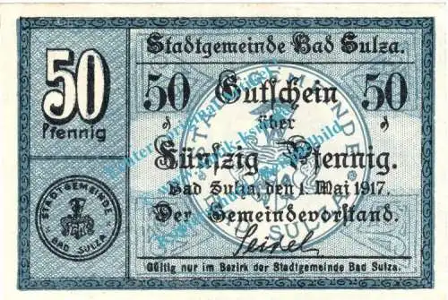 Bad Sulza , Notgeld 50 Pfennig Schein in kfr. Tieste 7230.05.03 , Sachsen 1917 Verkehrsausgabe