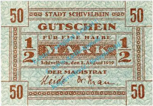 Schivelbein , Notgeld 50 Pfennig Schein in kfr. Tieste 6520.05.10 , Pommern 1919 Verkehrsausgabe
