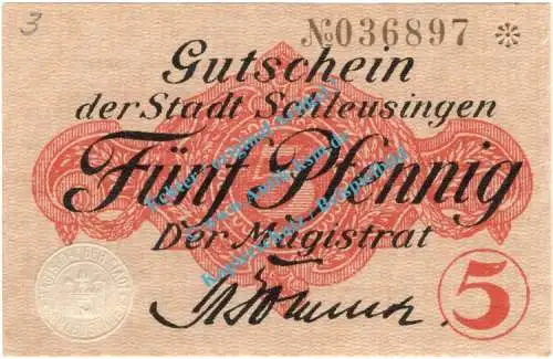 Schleusingen , Notgeld 5 Pfennig Schein in kfr. Tieste 6570.05.05 , Thüringen o.D. Verkehrsausgabe