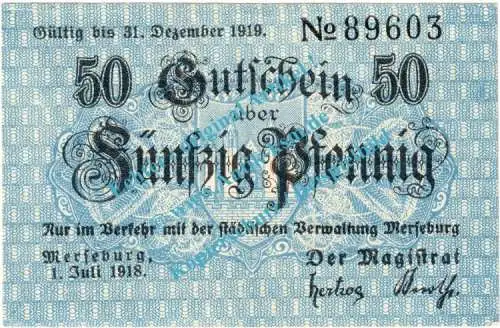 Merseburg , Notgeld 50 Pfennig Schein in kfr. Tieste 4505.15.07 , Sachsen Anhalt 1918 Verkehrsausgabe
