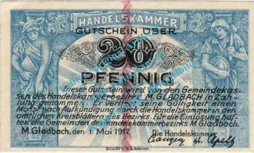 München Gladbach , Notgeld 20 Pfennig -o.Wz- in kfr. Tieste 4710.05.10 , Rheinland 1917 Verkehrsausgabe