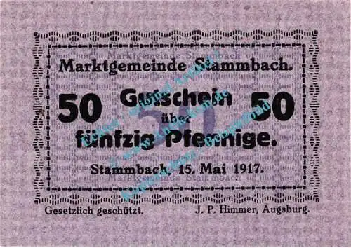 Stammbach , Notgeld 50 Pfennig Schein in kfr. Tieste 7070.05.05 , Bayern 1917 Verkehrsausgabe