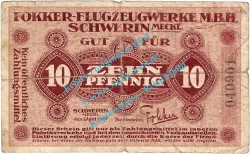 Schwerin , Notgeld 10 Pfennig Schein in s-gbr. Tieste 6790.05.03 , Mecklenburg 1917 Verkehrsausgabe