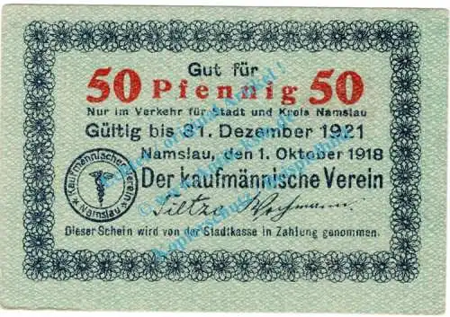 Namslau , Notgeld 50 Pfennig Schein in kfr. Tieste 4755.05.32 , Schlesien 1918 Verkehrsausgabe
