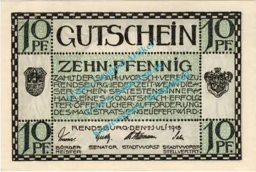 Rendsburg , Notgeld 10 Pfennig -Kreuzmäander- in kfr. Tieste 6025.05.35 , Schleswig 1918 Verkehrsausgabe