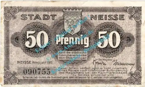 Neisse , Notgeld 50 Pfennig Schein in gbr. Tieste 4795.05.16 , Schlesien 1918 Verkehrsausgabe