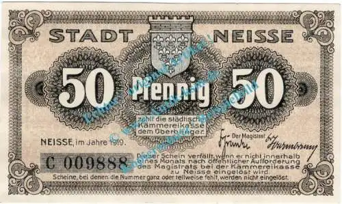 Neisse , Notgeld 50 Pfennig Schein in gbr. Tieste 4795.05.21 , Schlesien 1919 Verkehrsausgabe