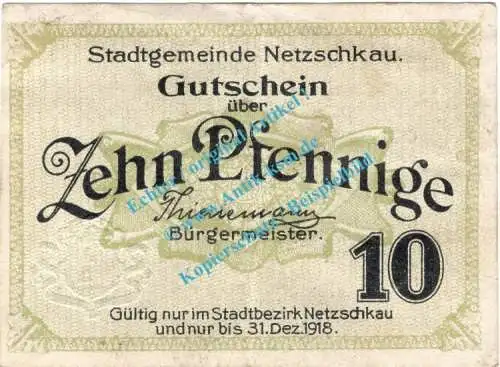 Netzschkau , Notgeld 10 Pfennig Schein in gbr. Tieste 4805.10.02 , Sachsen o.D. Verkehrsausgabe