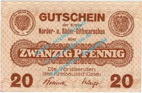 Norder - Süderdithmarschen , Notgeld 20 Pfennig Schein in kfr. Tieste 5160.05.10 , Schleswig o.D. Verkehrsausgabe