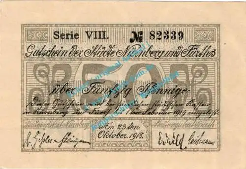 Nürnberg - Fürth , Notgeld 50 Pfennig Schein in kfr. Tieste 5195.05.01 , Bayern 1918 Verkehrsausgabe