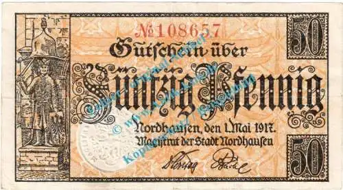 Nordhausen , Notgeld 50 Pfennig Schein in gbr. Tieste 5175.05.10 , Sachsen Anhalt 1917 Verkehrsausgabe
