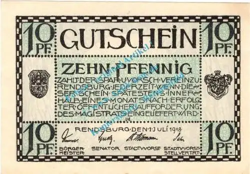 Rendsburg , Notgeld 10 Pfennig Schein in kfr. Tieste 6025.05.15 , Schleswig Holstein 1918 Verkehrsausgabe