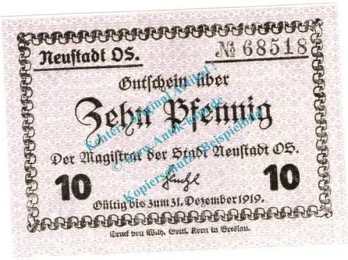 Neustadt OS. Notgeld 10 Pfennig Schein in kfr. Tieste 4960.20.05 , Oberschlesien o.D. Verkehrsausgabe