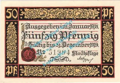 Rottweil , Notgeld 50 Pfennig Schein in kfr. Tieste 6265.05.01 , Württemberg 1918 Verkehrsausgabe