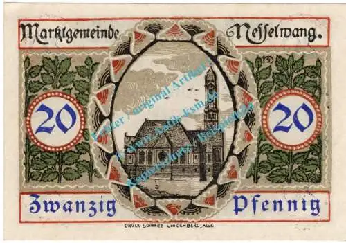 Nesselwang , Notgeld 20 Pfennig Schein in kfr. Tieste 4800.05.16 , Bayern 1918 Verkehrsausgabe