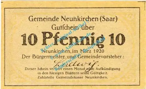 Neunkirchen , Notgeld 10 Pfennig Schein in kfr. Tieste 4910.05.01 , Rheinland 1920 Verkehrsausgabe