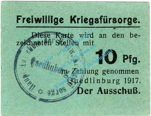 Quedlinburg , Notgeld 10 Pfennig Schein in kfr. Tieste 5835.05.25 , Sachsen Anhalt 1917 Verkehrsausgabe