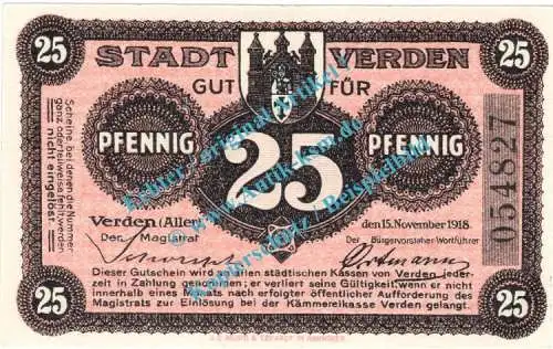 Verden , Notgeld 25 Pfennig Schein in kfr. Tieste 7590.05.05 , Niedersachsen 1918 Verkehrsausgabe