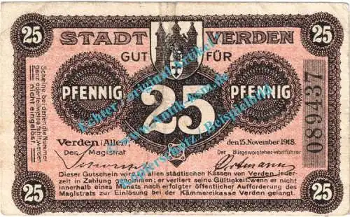 Verden , Notgeld 25 Pfennig Schein in gbr. Tieste 7590.05.05 , Niedersachsen 1918 Verkehrsausgabe