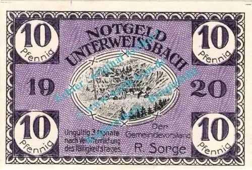 Unterweissbach , Notgeld 10 Pfennig Schein in kfr. Tieste 7550.05.02 , Thüringen 1920 Verkehrsausgabe