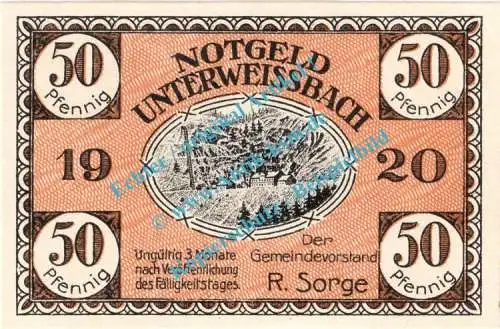 Unterweissbach , Notgeld 50 Pfennig Schein in kfr. Tieste 7550.05.03 , Thüringen 1920 Verkehrsausgabe